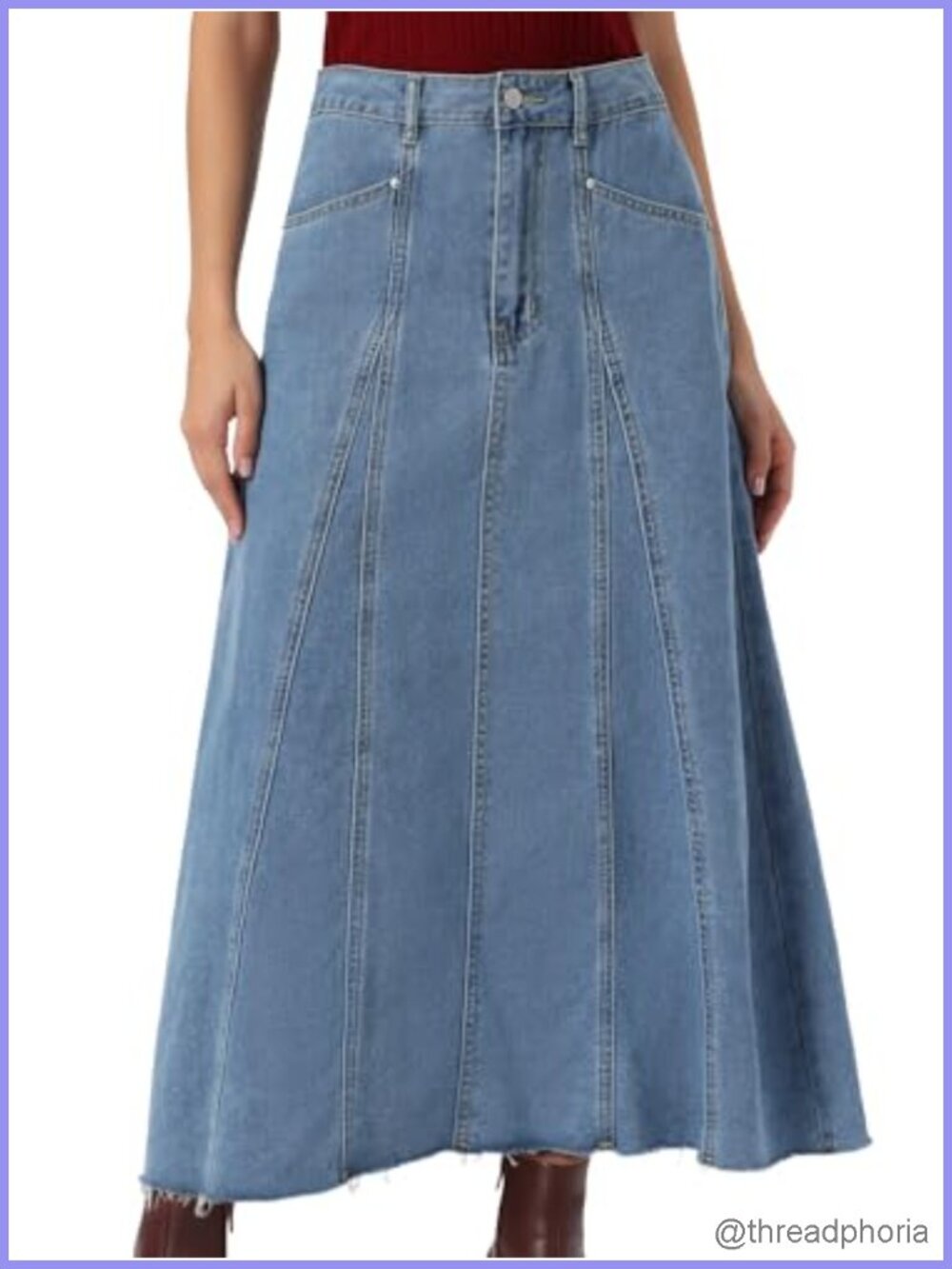 Denim Maxi Skirt High Waisted A-Line Seamed Hem Flared Jean Skirt